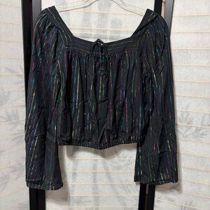 Express Top XXS Black Rainbow Metallic Stripe Boho Bell Sleeve Cropped Blouse